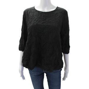 Shana Womens Textured Round Neck 3/4 Sleeve Pullover Blouse Top Black Size S